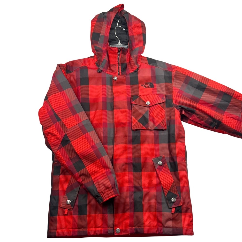 The North Face Plaid Hooded Ski Jacket Mens Small Red Black Insulated Puffer